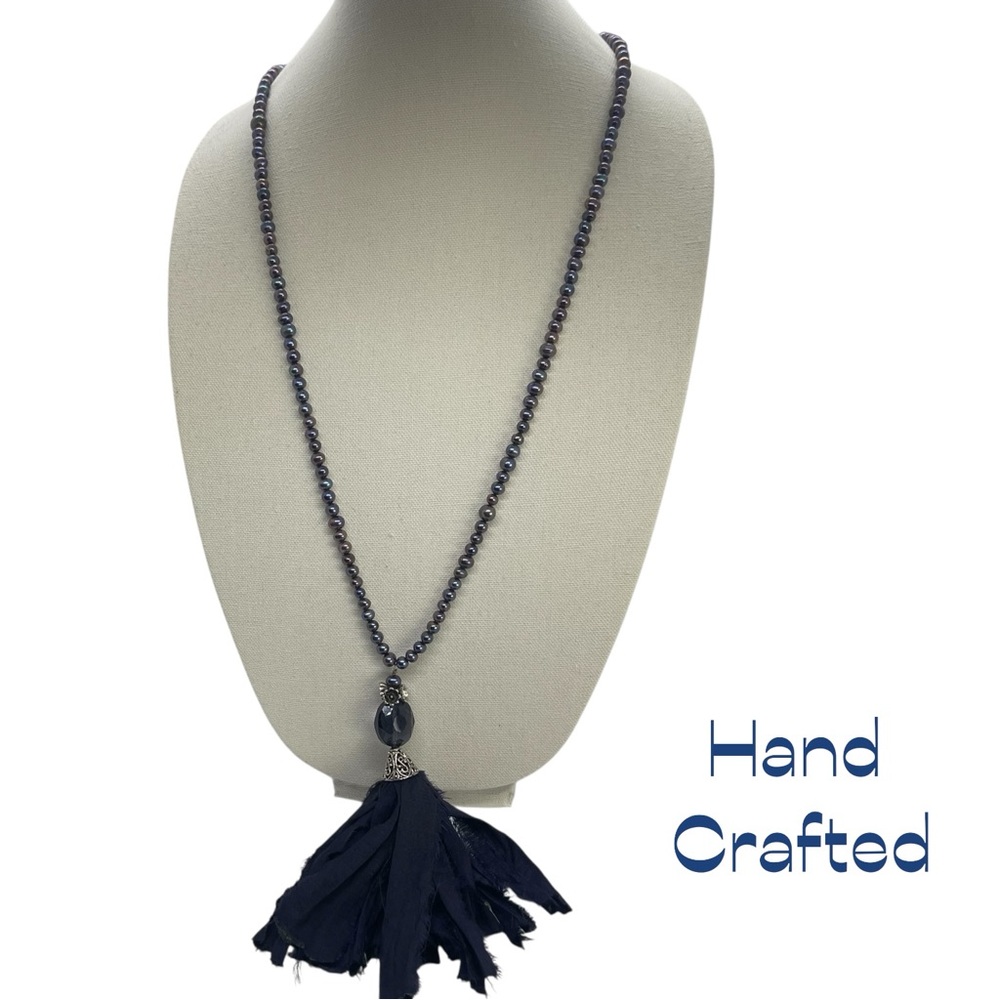 Hand Crafted Blue Freshwater Pearls Silk Necklace NWT